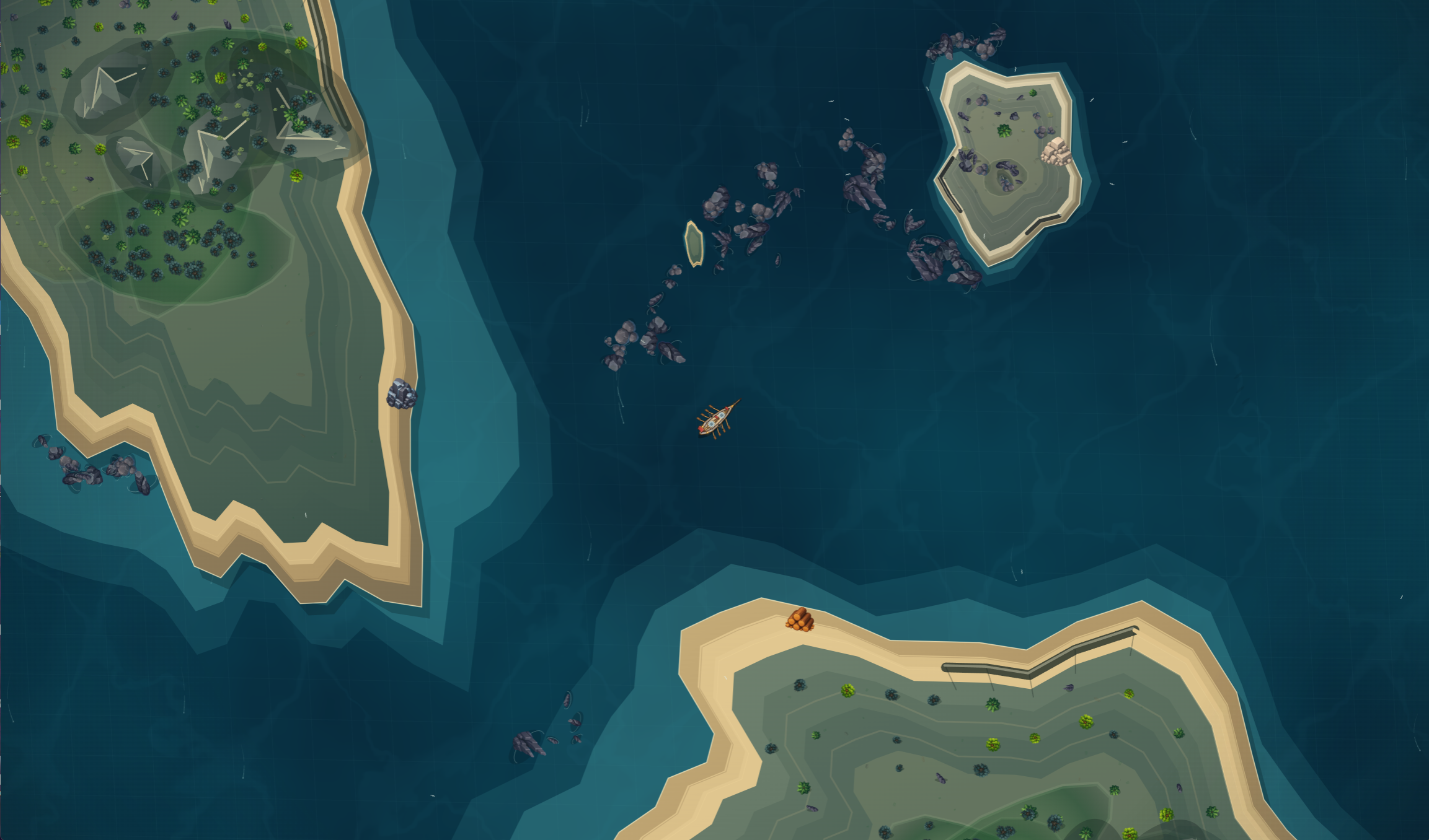 A ship navigating between generated islands, reefs, and shallow water